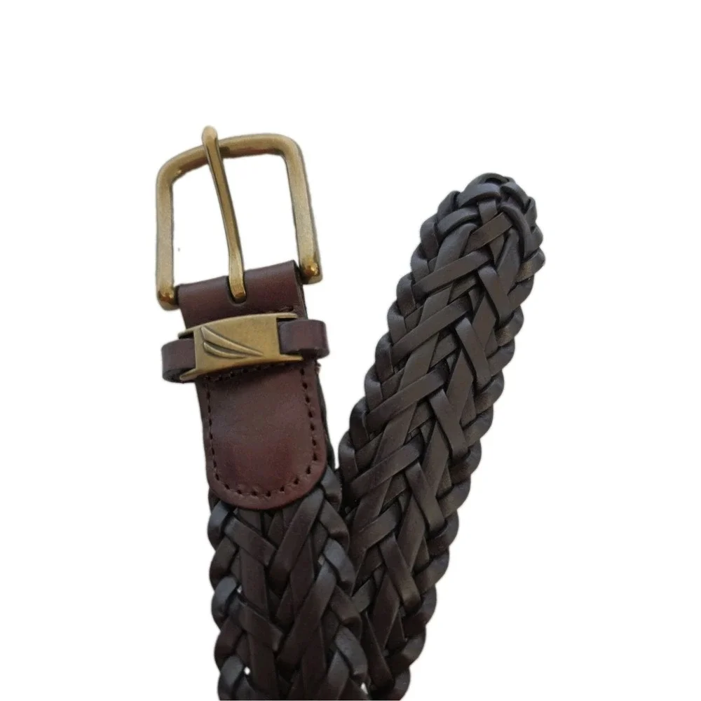 Nautica Braided Belt Brown Leather Mens 38 Bronze Buckle NWOT
